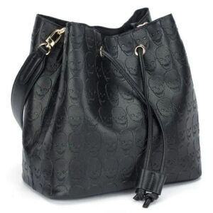 WOMENS Hobo Tote Bag Faux Leather Skull Black Bag